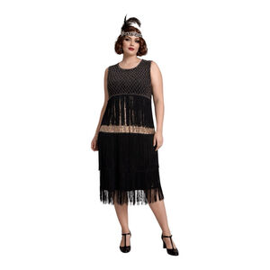 Babeyond 1920s Flapper Fringe Dress Black Gold Beaded Art Deco 3XL NWT